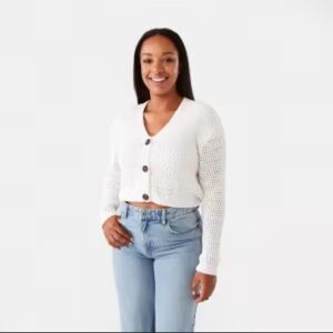 Women’s White Cotton Knit Cropped V Neck Button Cardigan